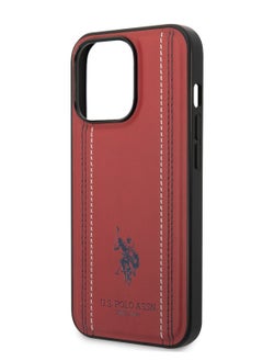 U.S.Polo iPhone 14 Case Pro PU Leather with Stitched Lines Double Line & Horse Logo - Red  - Image 3