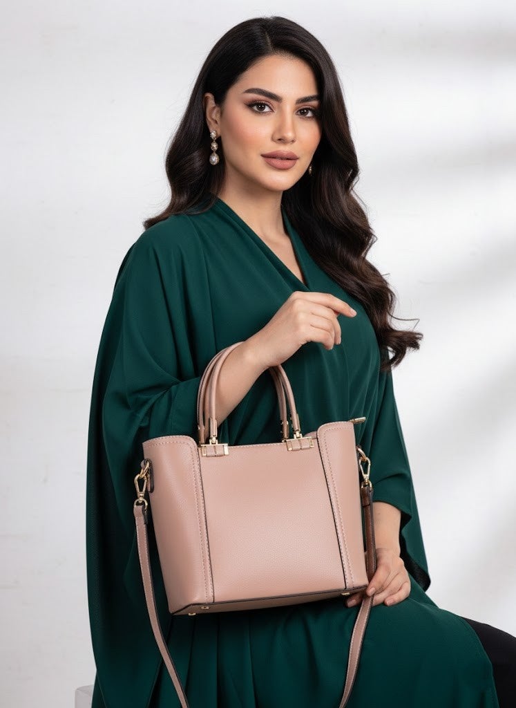 Chic Nude Beige Structured Handbag with Detachable Strap - Image 3