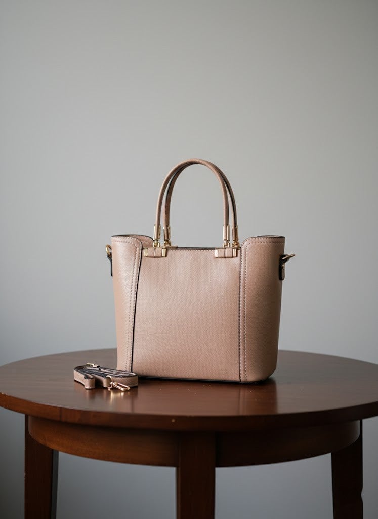 Chic Nude Beige Structured Handbag with Detachable Strap - Image 2