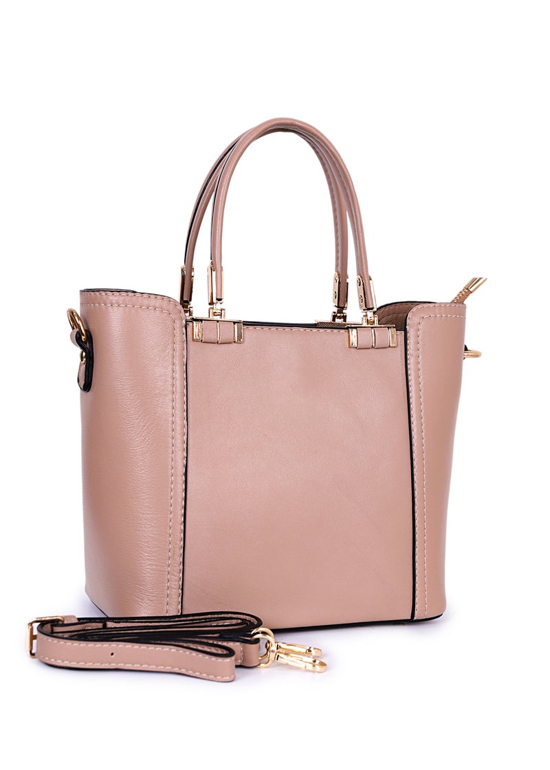 Chic Nude Beige Structured Handbag with Detachable Strap - Image 1