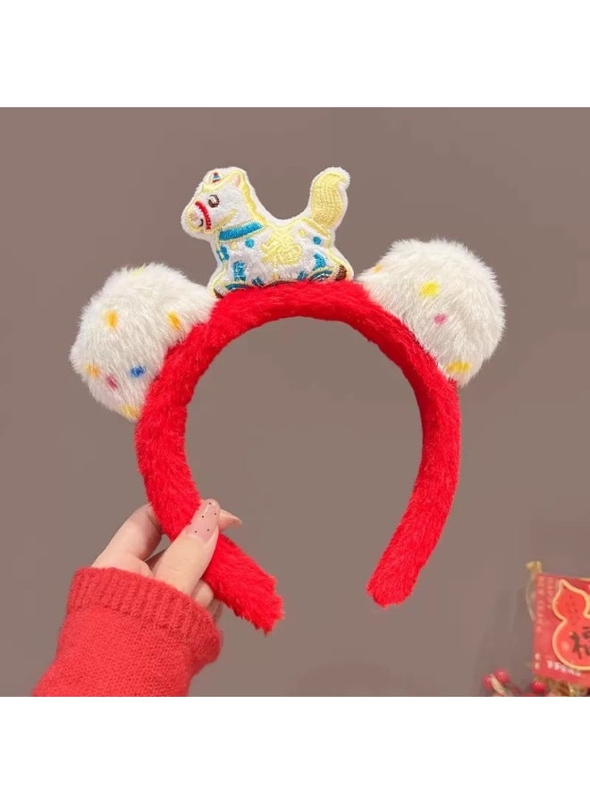 Animal Ear Headbands 73#Red plush white horse with lucky color speckles plush headband Halloween Costume Accessories Cute Fancy Headwear for Girls & Women - Image 1
