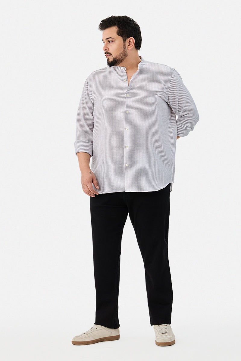 SNITCH Chinese Collar Plus Size Stripes Shirt - Image 2