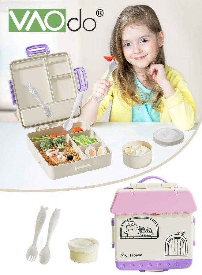 فاو دو علبة غداء للأطفال بمقبض، علبة طعام مع مقبض، حاوية طعام مع 4 حجرات وعلبة صلصة واحدة، خالية من مادة BPA، آمنة للتسخين في الميكروويف والمجمد صندوق بينتو أزرق 20*23*5.5 سم - Image 1