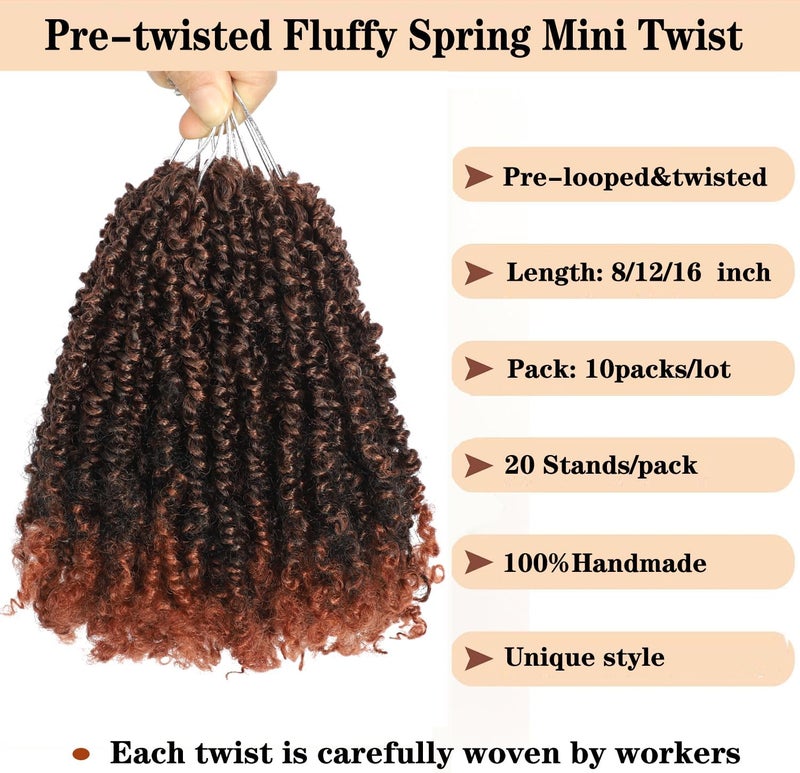 FALEMEI 10 Packs 8 Inch Senegalese Mini Braids Pre-twisted Natural Black Curly Mini Crochet Braids (T350 (Ombre Red Ginger)), 8 Inch (Pack of 10) - Image 2
