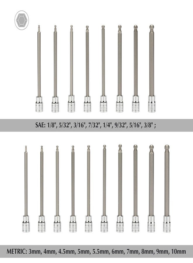 EMENTOL 18PCS 3/8" Drive Long Ball-End Hex Bit Socket Set, CR-V, S2 Steel, SAE/Metric, Extra Long Allen Bit Socket Set, 1/8 Inch - 3/8 Inch, 3mm - 10mm - Image 2