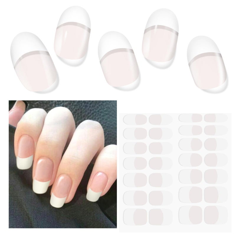 DUKASOU Semi Cured Gel Nail Strips, 28 pcs French Tip Gel Nail Stickers for Women Work with Any UV Lamp, UV Nails Stickers for Home DIY Nails Art (French) - Image 1