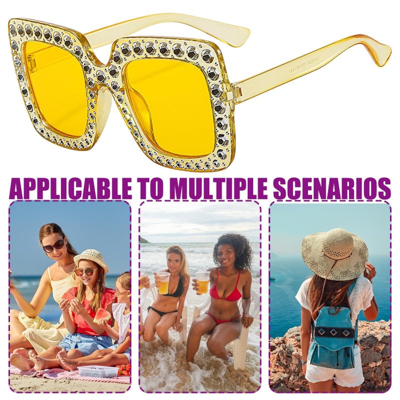 Yellow Rhinestone Sunglasses Oversized Square Frame UV Protection Women - Image 5