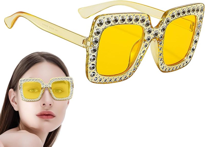 Yellow Rhinestone Sunglasses Oversized Square Frame UV Protection Women - Image 1