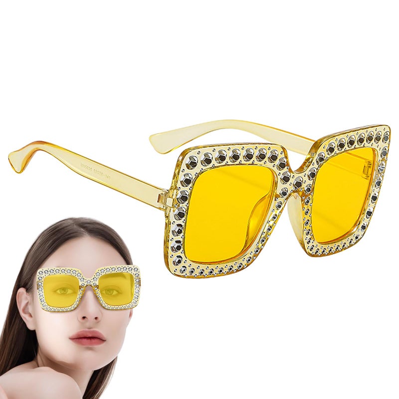 Yellow Rhinestone Sunglasses Oversized Square Frame UV Protection Women - Image 2