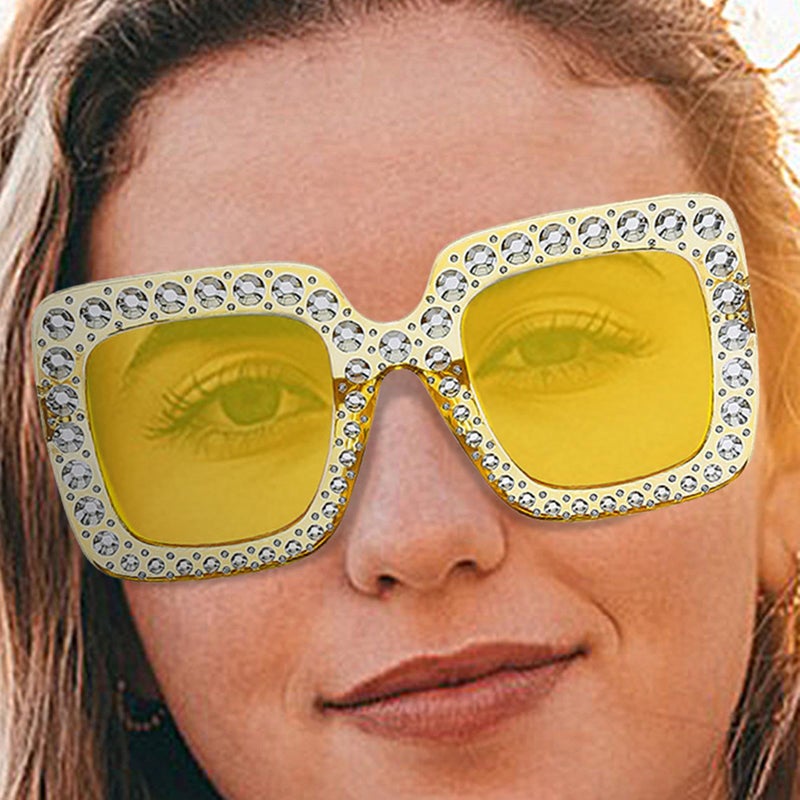 Yellow Rhinestone Sunglasses Oversized Square Frame UV Protection Women - Image 4