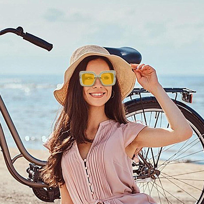 Yellow Rhinestone Sunglasses Oversized Square Frame UV Protection Women - Image 3