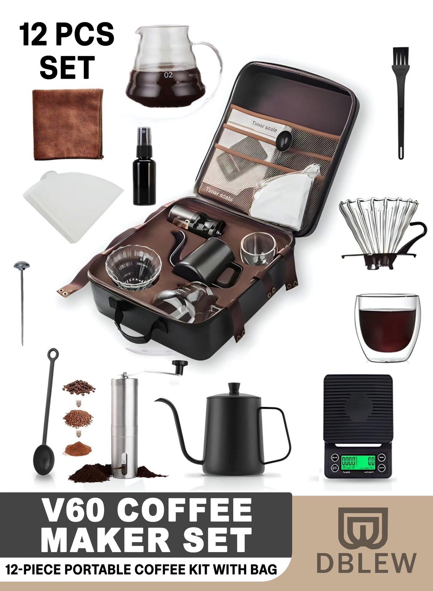 V60 Pour Over Coffee Maker 12-Piece Set | Manual Coffee Brewing Kit with Kettle, Scale & Dripper | All-in-1 Travel & Camping Coffee Gift Set