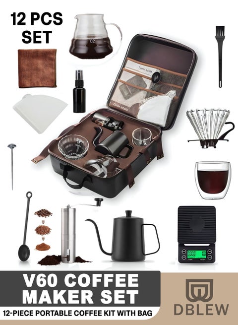 V60 Pour Over Coffee Maker 12-Piece Set | Manual Coffee Brewing Kit with Kettle, Scale & Dripper | All-in-1 Travel & Camping Coffee Gift Set