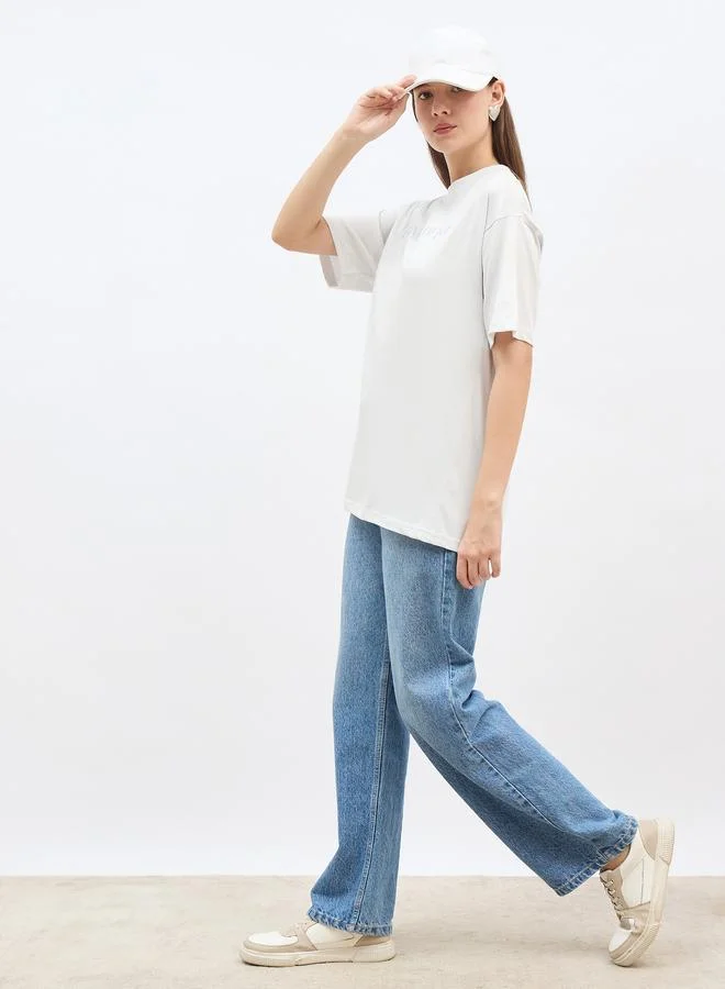 ستايلي Styli Grey Embroidered Slogan Oversized T-Shirt