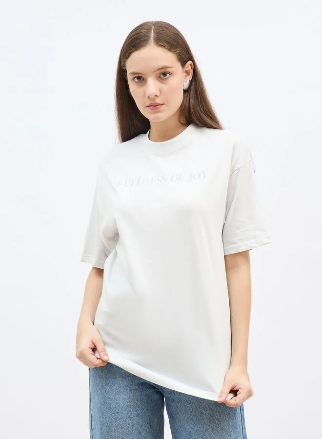 ستايلي Styli Grey Embroidered Slogan Oversized T-Shirt