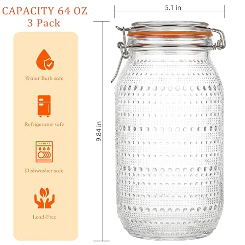 WACOI 64 Oz Glass Mason Jars with Airtight Lids3 Pack, Half Gallon Wide Mouth Canning Jars with Clip Top Lids for Kitchen Storage Pickling Salad Jams Coffee Beans - Image 2