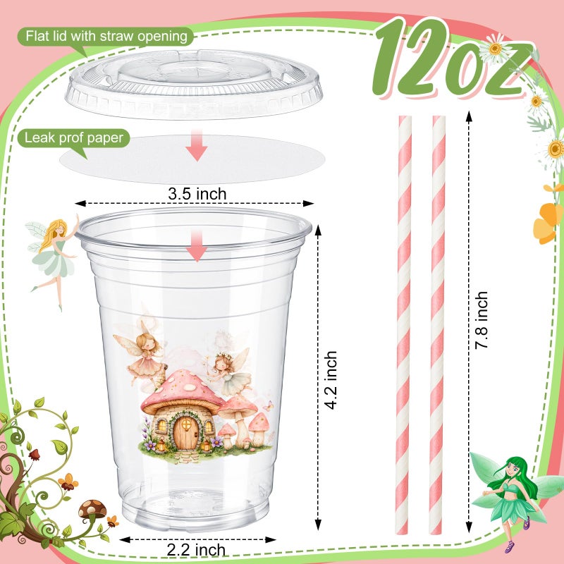 FoldTier 50 Pcs 12 oz Fairy Party Disposable Plastic Cups with Straws, Lids and Leakproof Paper Clear Mushroom Flower Garden First Fairies Birthday Party Baby Shower Cups Supplies Table Decorations - Image 3