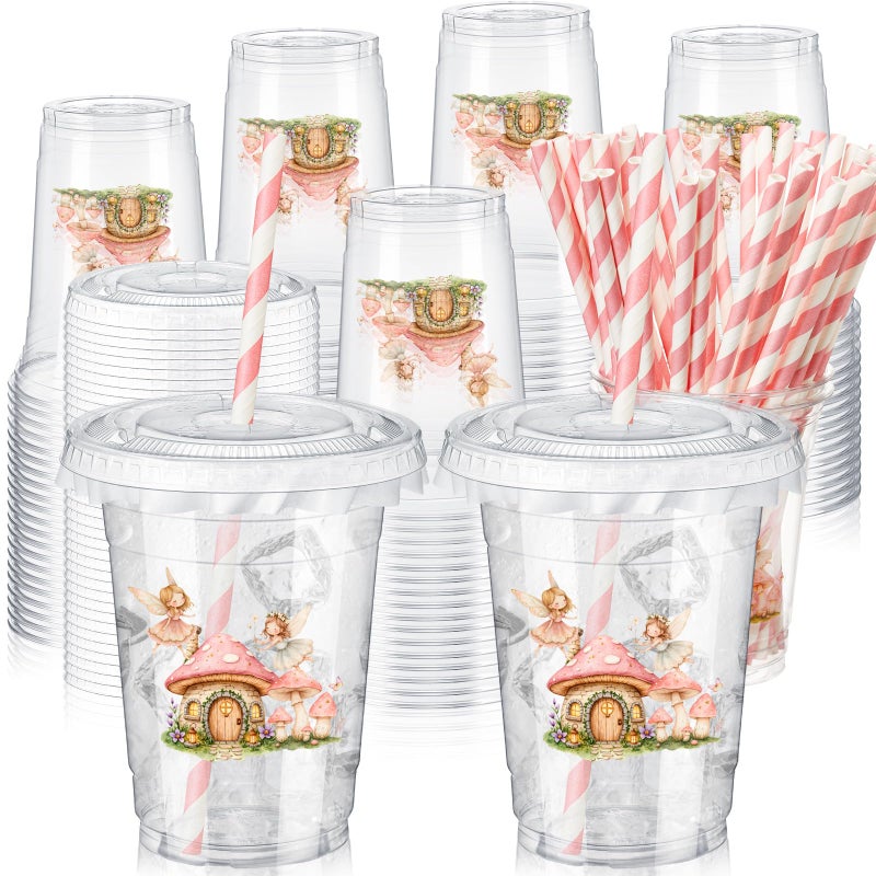 FoldTier 50 Pcs 12 oz Fairy Party Disposable Plastic Cups with Straws, Lids and Leakproof Paper Clear Mushroom Flower Garden First Fairies Birthday Party Baby Shower Cups Supplies Table Decorations - Image 1