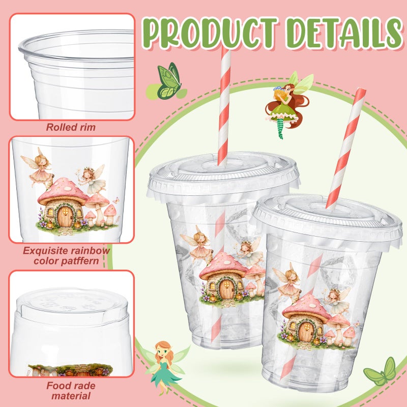 FoldTier 50 Pcs 12 oz Fairy Party Disposable Plastic Cups with Straws, Lids and Leakproof Paper Clear Mushroom Flower Garden First Fairies Birthday Party Baby Shower Cups Supplies Table Decorations - Image 2