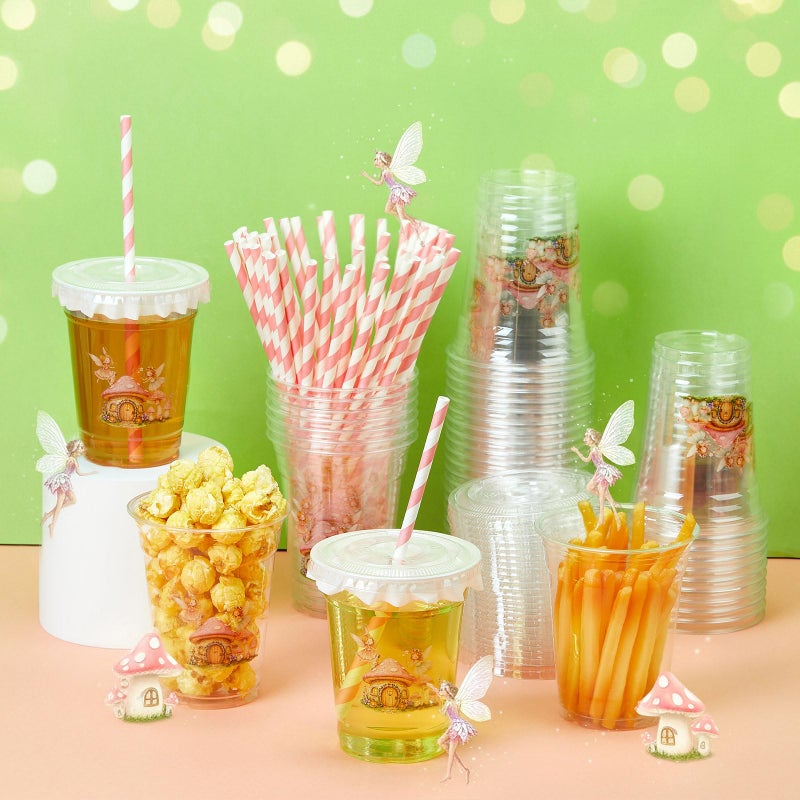 FoldTier 50 Pcs 12 oz Fairy Party Disposable Plastic Cups with Straws, Lids and Leakproof Paper Clear Mushroom Flower Garden First Fairies Birthday Party Baby Shower Cups Supplies Table Decorations - Image 4