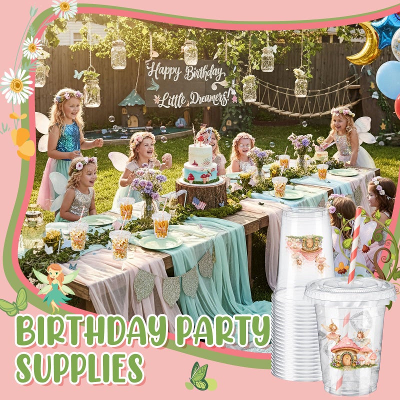 FoldTier 50 Pcs 12 oz Fairy Party Disposable Plastic Cups with Straws, Lids and Leakproof Paper Clear Mushroom Flower Garden First Fairies Birthday Party Baby Shower Cups Supplies Table Decorations - Image 5