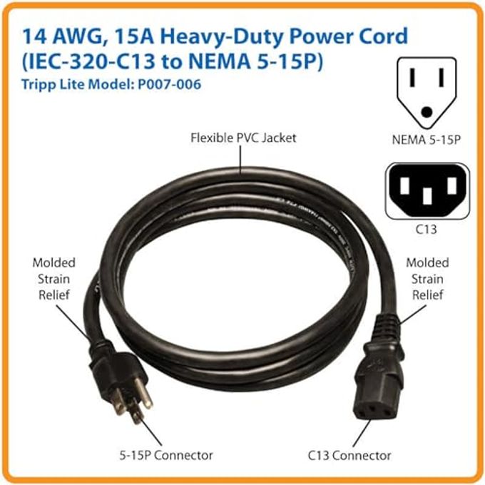 Tripp Lite P007-006 Heavy Duty Computer Power Cord, 15A, 14AWG (NEMA 5-15P to IEC-320-C13), 6-ft Black - Image 2