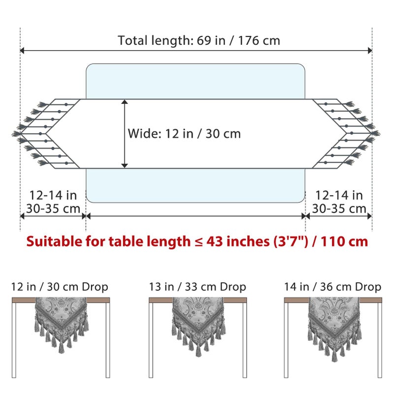 kilofly Elegant Floral Brocade Jacquard Table Runner Tassels (69 x 12 inches) - Image 2