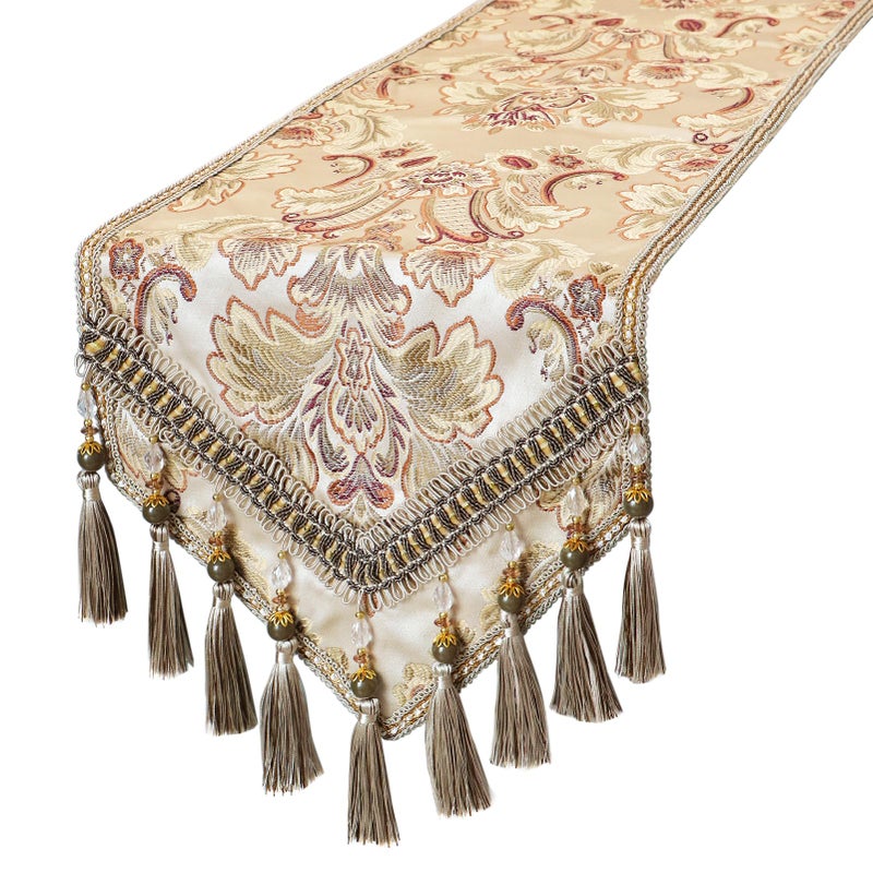 kilofly Elegant Floral Brocade Jacquard Table Runner Tassels (69 x 12 inches) - Image 1