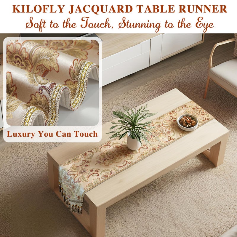 kilofly Elegant Floral Brocade Jacquard Table Runner Tassels (69 x 12 inches) - Image 5