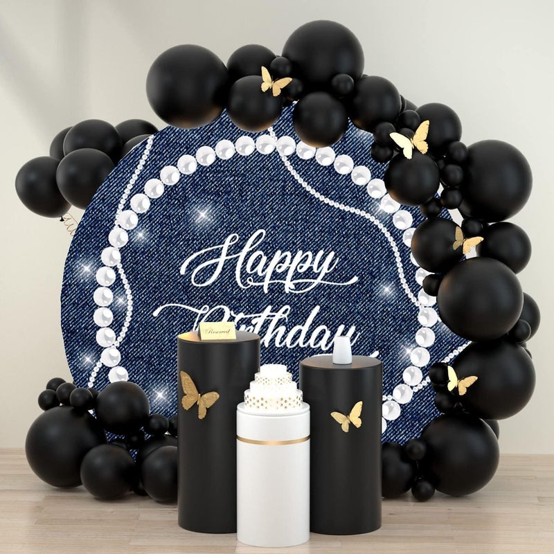 Renaiss Blue Happy Birthday Round Backdrop Cover for Women 3ft Polyester Denim Silver Shinning Pearl Necklace Photography Background for Birthday Party Decorations Photo Prop