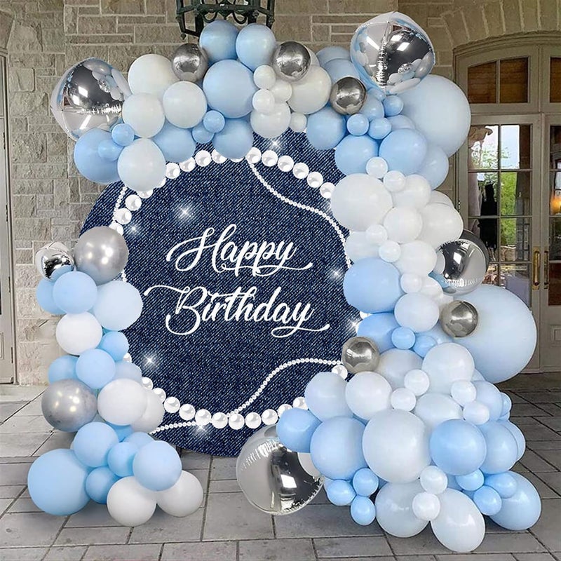 Renaiss Blue Happy Birthday Round Backdrop Cover for Women 3ft Polyester Denim Silver Shinning Pearl Necklace Photography Background for Birthday Party Decorations Photo Prop