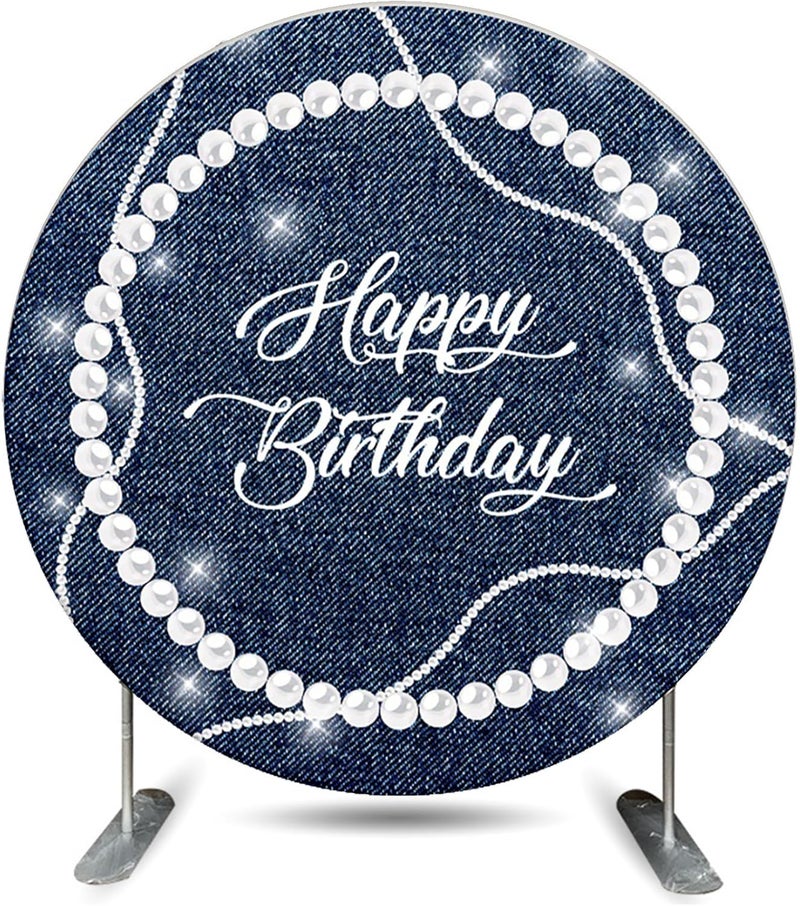 Renaiss Blue Happy Birthday Round Backdrop Cover for Women 3ft Polyester Denim Silver Shinning Pearl Necklace Photography Background for Birthday Party Decorations Photo Prop