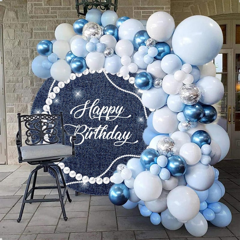 Renaiss Blue Happy Birthday Round Backdrop Cover for Women 3ft Polyester Denim Silver Shinning Pearl Necklace Photography Background for Birthday Party Decorations Photo Prop