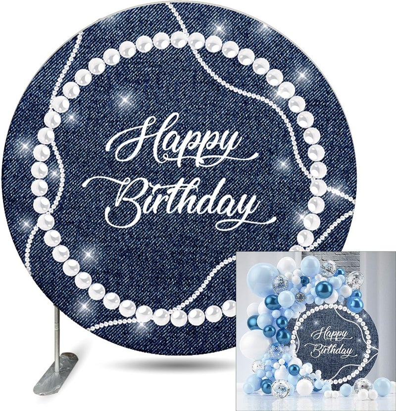 Renaiss Blue Happy Birthday Round Backdrop Cover for Women 3ft Polyester Denim Silver Shinning Pearl Necklace Photography Background for Birthday Party Decorations Photo Prop