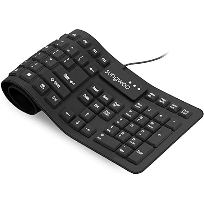 Sungwoo FOLDABLE SILICONE KEYBOARD USB WIRED STANDARD KEYBOARD WATERPROOF ROLLUP KEYBOARD FOR PC NOTEBOOK LAPTOP, FULL SIZE (BLACK) - Image 1