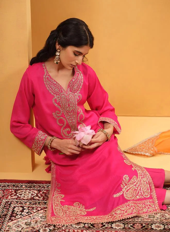 ISHIN Women's Pink Silk Blend Embellished Kaftan Upperwear Calf Length Palazzo Bottomwear Straight Fit 3 Peice Kurta Set