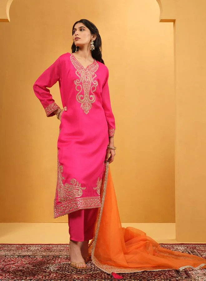 ISHIN Women's Pink Silk Blend Embellished Kaftan Upperwear Calf Length Palazzo Bottomwear Straight Fit 3 Peice Kurta Set