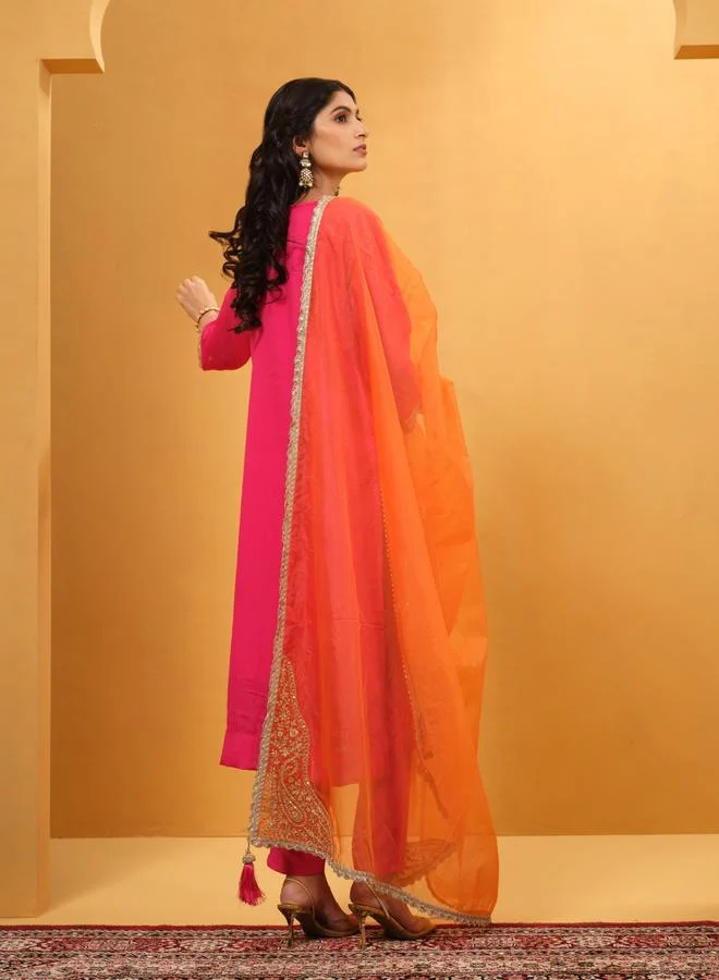ISHIN Women's Pink Silk Blend Embellished Kaftan Upperwear Calf Length Palazzo Bottomwear Straight Fit 3 Peice Kurta Set