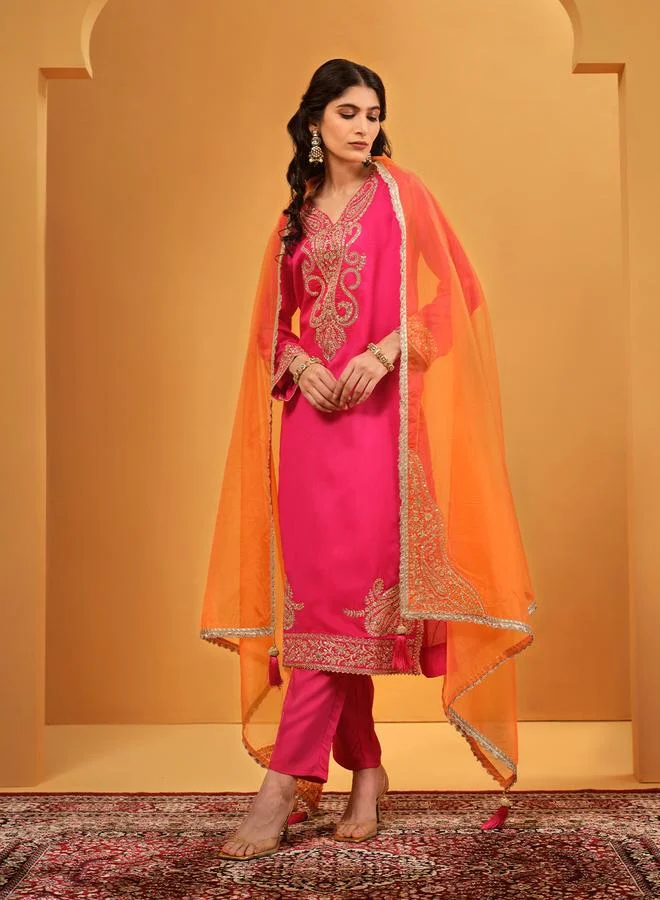 ISHIN Women's Pink Silk Blend Embellished Kaftan Upperwear Calf Length Palazzo Bottomwear Straight Fit 3 Peice Kurta Set