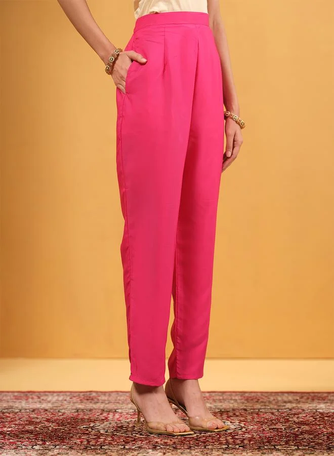 ISHIN Women's Pink Silk Blend Embellished Kaftan Upperwear Calf Length Palazzo Bottomwear Straight Fit 3 Peice Kurta Set