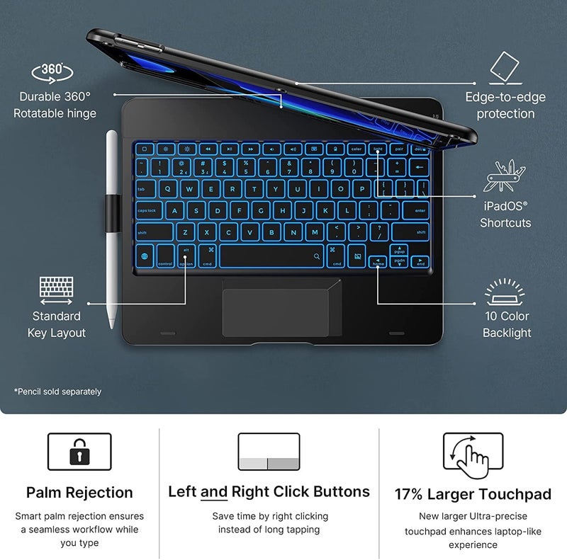 typecase Flexbook Keyboard for iPad 9th Gen,8th Gen & 7th Gen (10.2 Inch), iPad Air 3, iPad Pro-10.5 Inch, 10 Color Backlight, 360° Rotation, Pencil Holder, Trackpad, Bluetooth, Black - Image 2