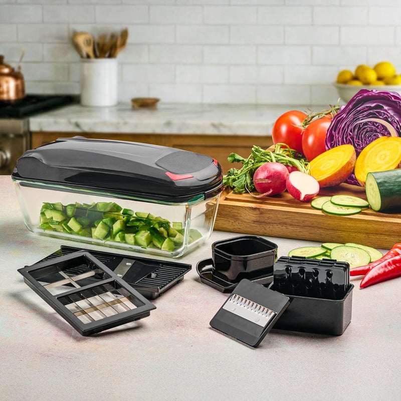 ليريز 13-in-1 Vegetable Chopper Pro مع حاوية زجاجية، شفرات من الفولاذ المقاوم للصدأ، خالٍ من BPA، ماندولين تقطيع، يدوي - Image 5