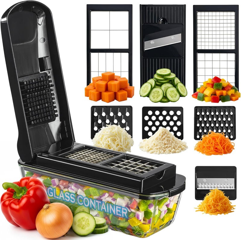 ليريز 13-in-1 Vegetable Chopper Pro مع حاوية زجاجية، شفرات من الفولاذ المقاوم للصدأ، خالٍ من BPA، ماندولين تقطيع، يدوي - Image 1