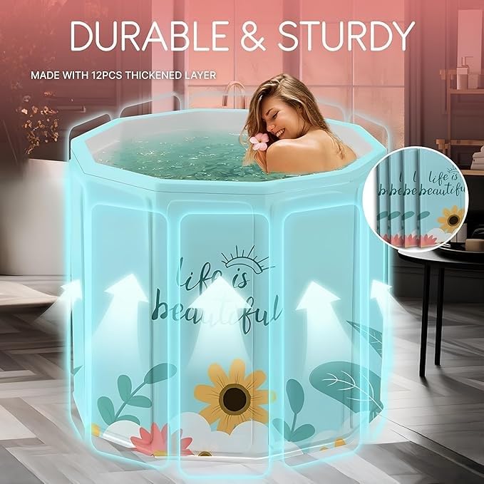 Valajogi Portable Foldable Bathtub for Adults & Kids | Large Size Soaking Tub | Thick Insulated Folding Bath Tub for Bathroom, Home Spa, Ice Bath & Relaxation (Beautiful Flower) - Image 5