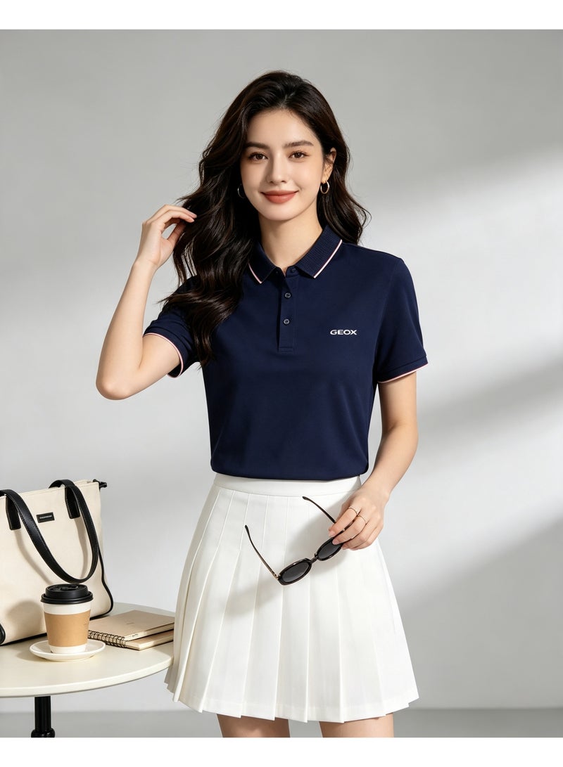 GEOX Men Classic Striped Collar Short Sleeve Polo Shirt Daily Business Casual Wear Navy Blue - Image 2