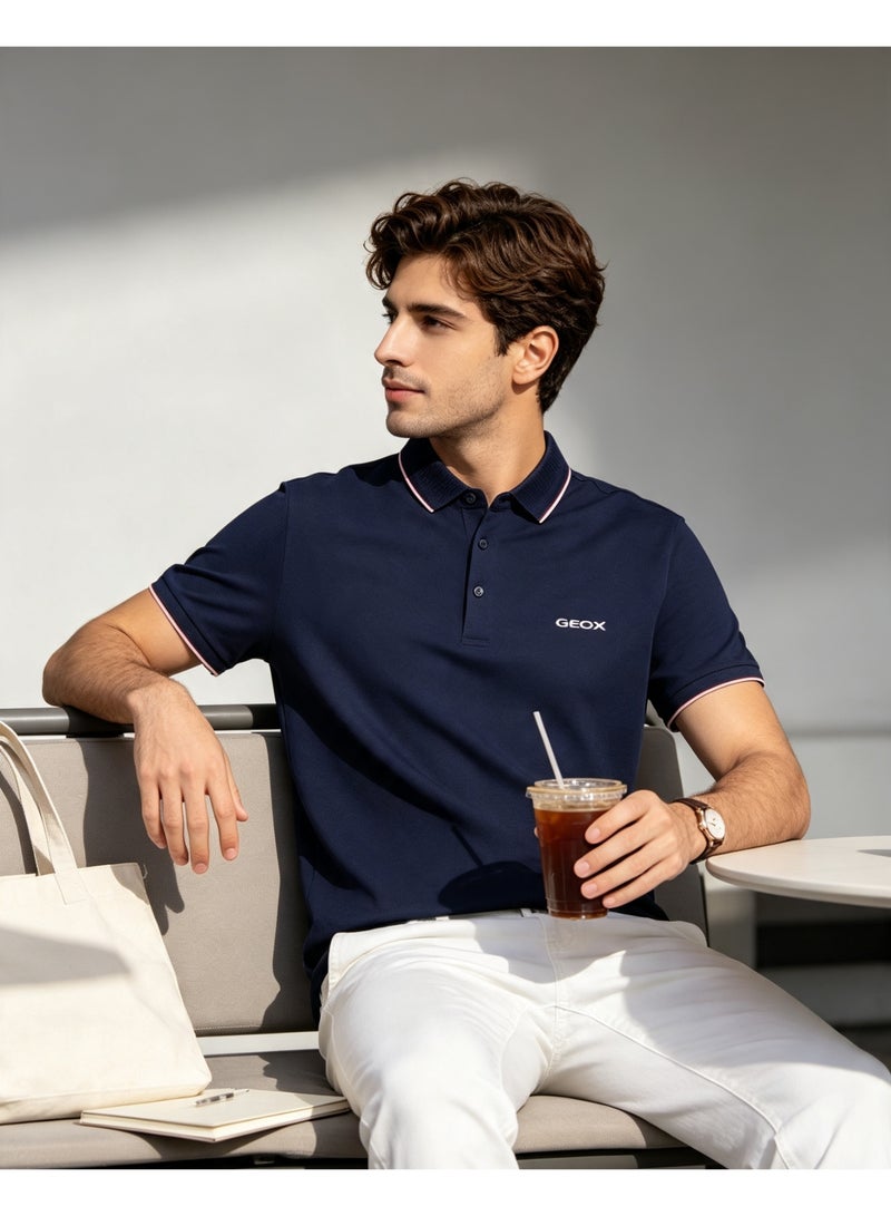 GEOX Men Classic Striped Collar Short Sleeve Polo Shirt Daily Business Casual Wear Navy Blue - Image 1