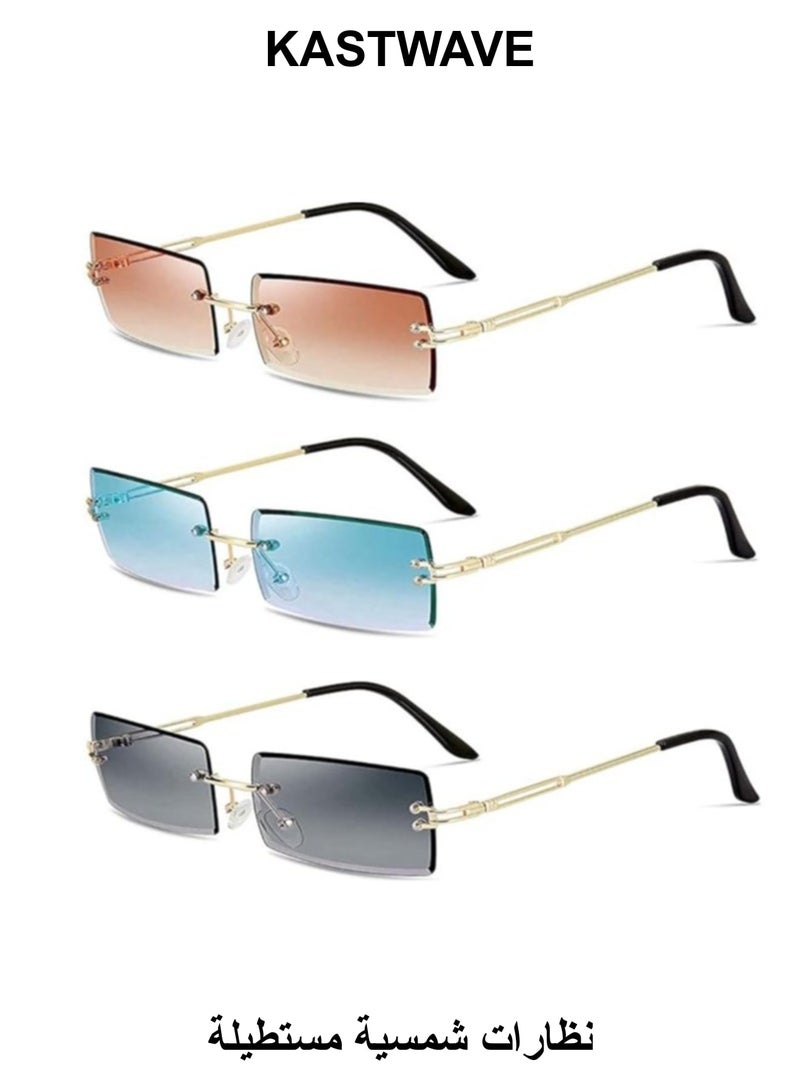 KASTWAVE 3Pcs Rimless Rectangle Sunglasses Exquisite Girl Color Rimless Glasses Ladies Retro Transparent Rectangle Glasses - Image 1