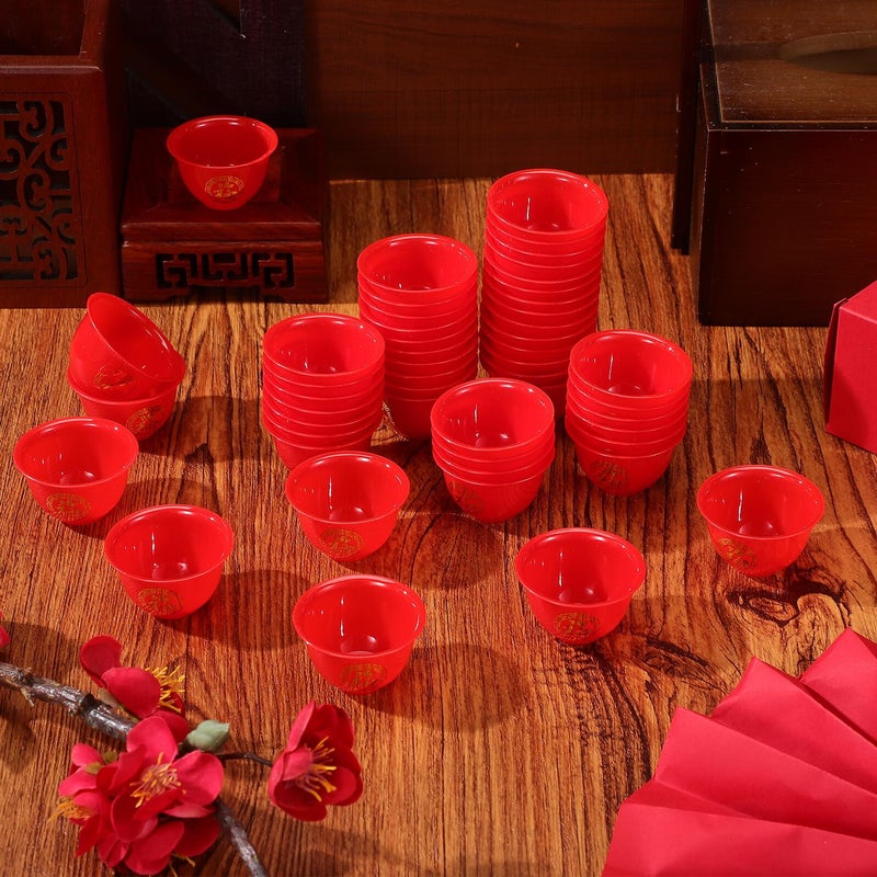 Red Plastic Wedding Liquor Cups 50pcs Traditional Chinese Festival Toasting Shot Glasses for Banquet Party Celebration - Image 5