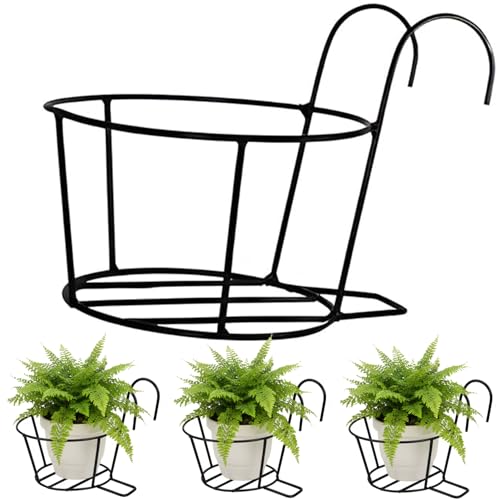 Pivalo Round Hanging Flower Pot Holder Heavy Duty Railing Hanger Terrace Plant Basket Stand for Balcony Garden and Decor (Pot Not Included, Pack of 4, Black) - Image 1
