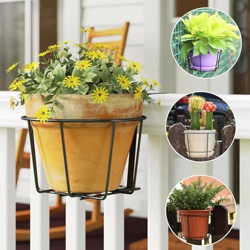Pivalo Round Hanging Flower Pot Holder Heavy Duty Railing Hanger Terrace Plant Basket Stand for Balcony Garden and Decor (Pot Not Included, Pack of 4, Black) - Image 5
